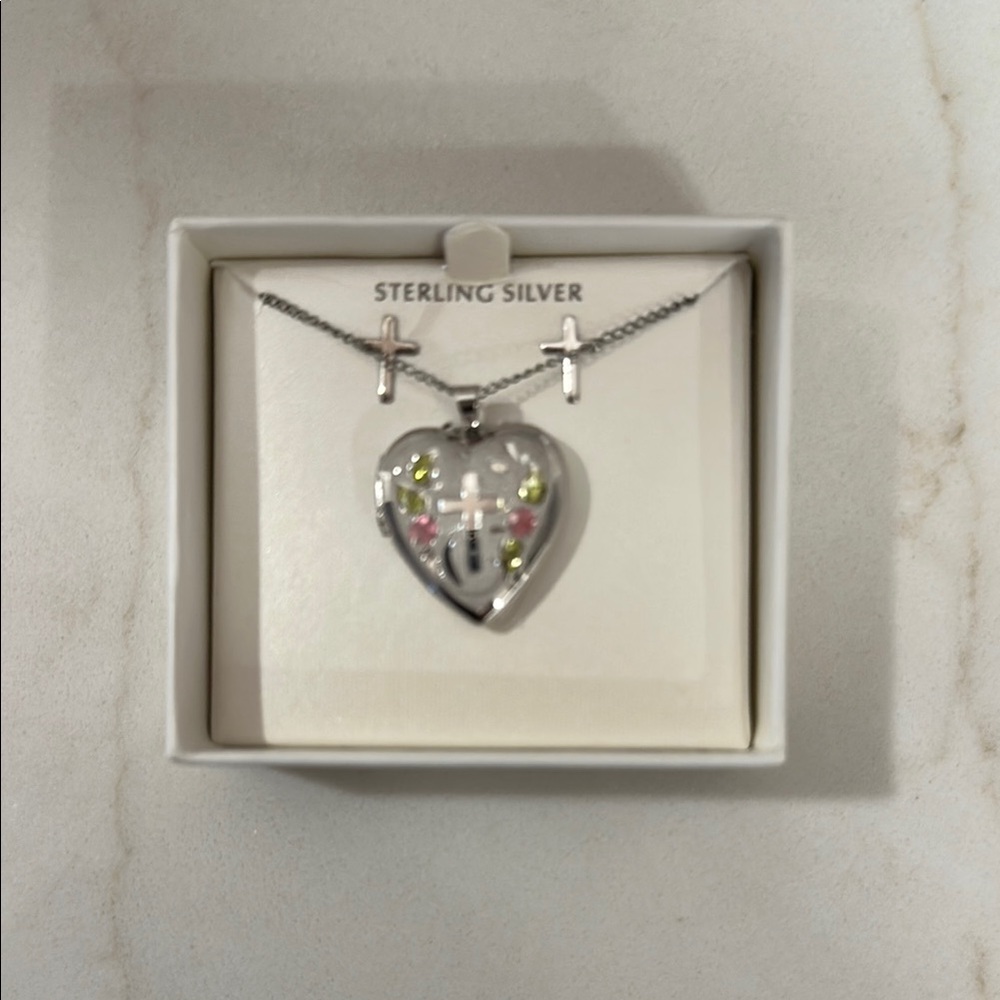 CROSS Heart Locket 18” Necklace & Cross Earrings Sterling Silver NWT